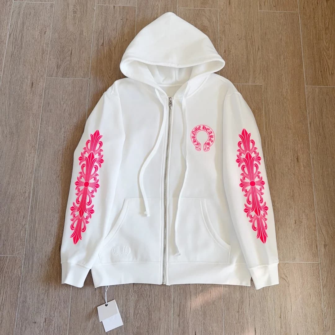 Белое зип-худи Chrome Hearts с розовым принтом, вид спереди