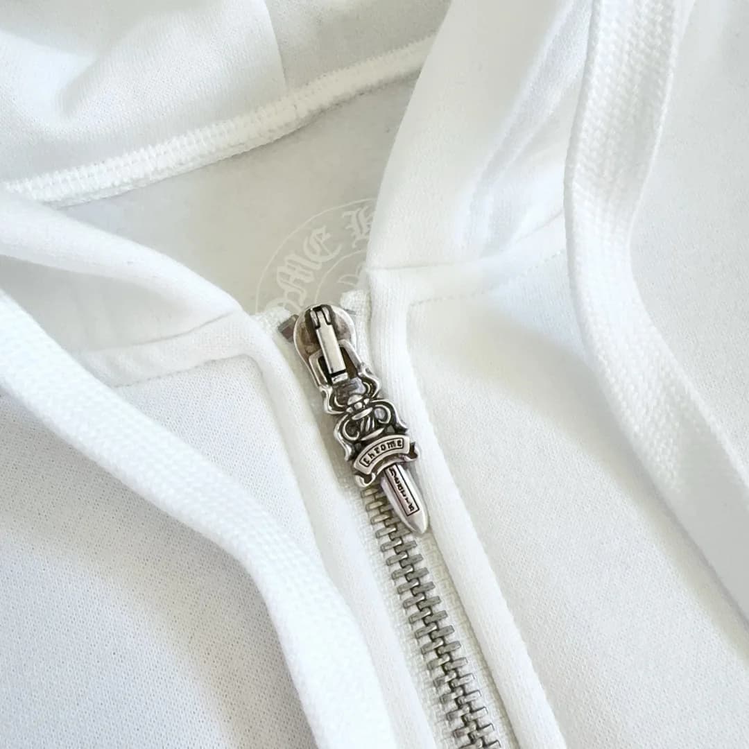 Металлическая молния белого зип-худи Chrome Hearts