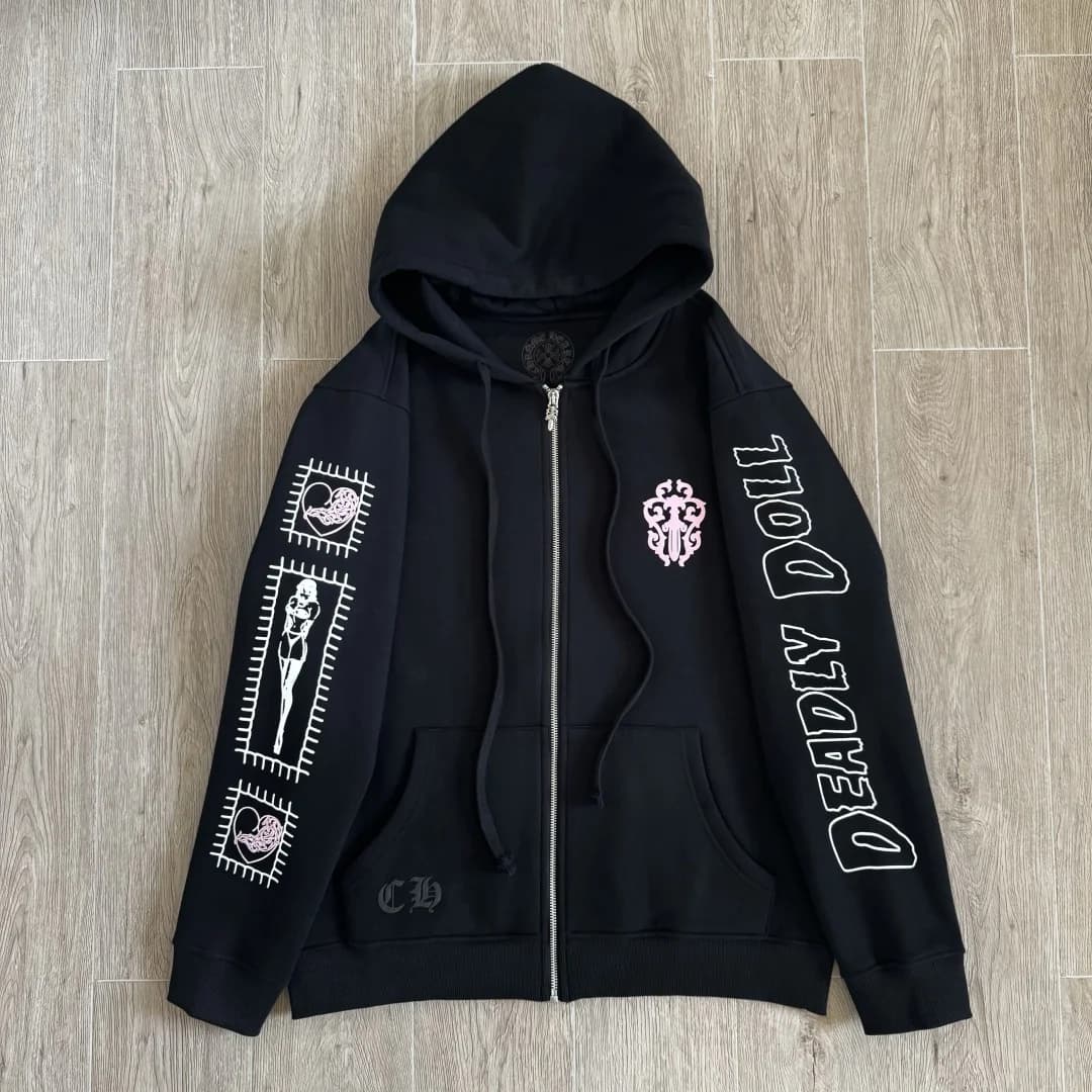 Черное зип-худи Chrome Hearts x Deadly Doll, вид спереди