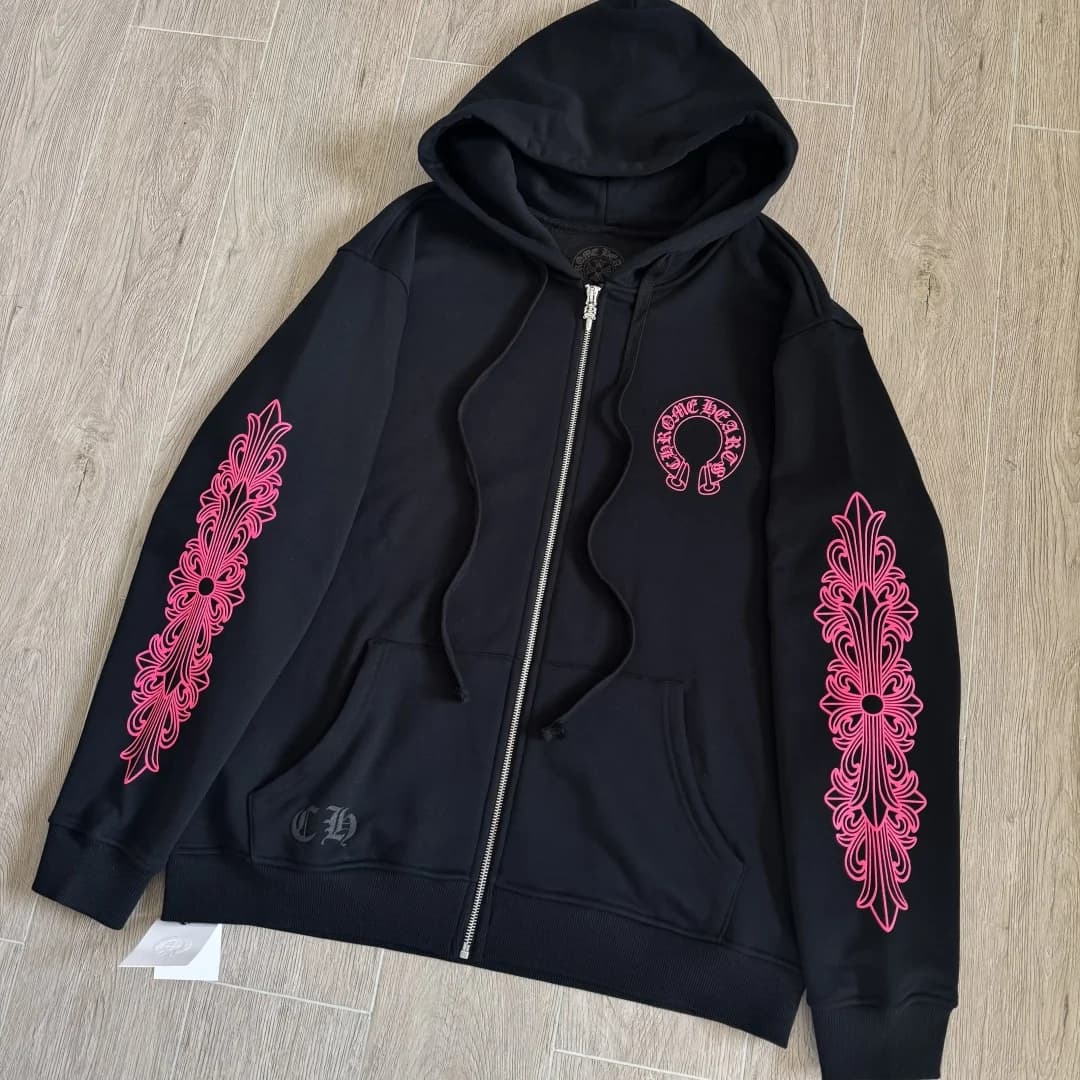 Черное зип-худи Chrome Hearts с розовым принтом на молнии