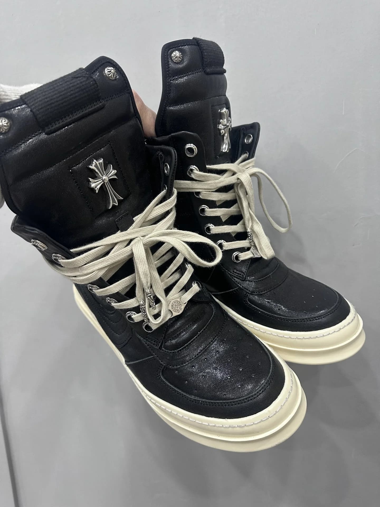 Высокие черные кеды Chrome Hearts x Rick Owens Geobasket с белой подошвой