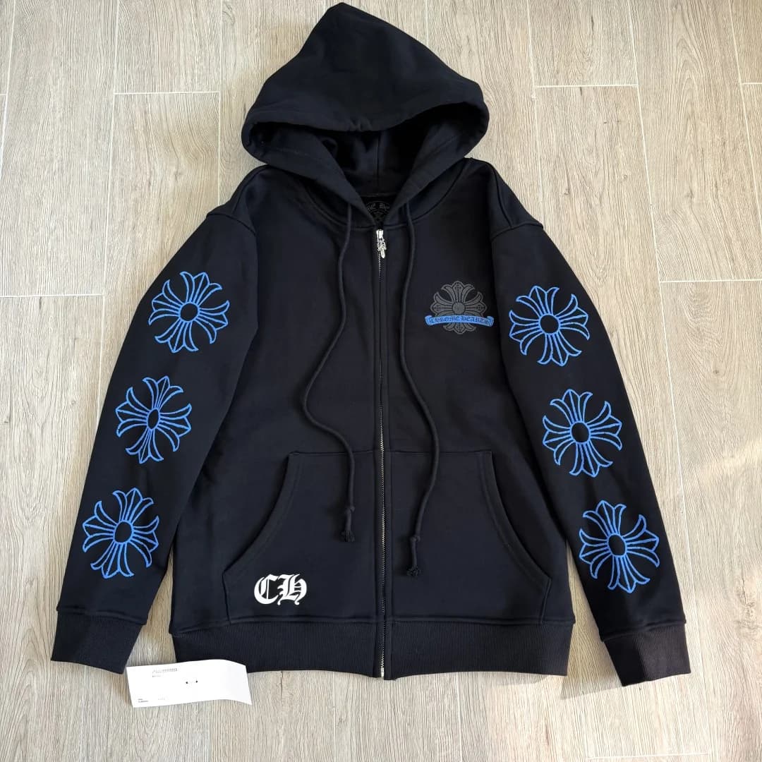 Черное зип-худи Chrome Hearts с синим принтом, вид спереди