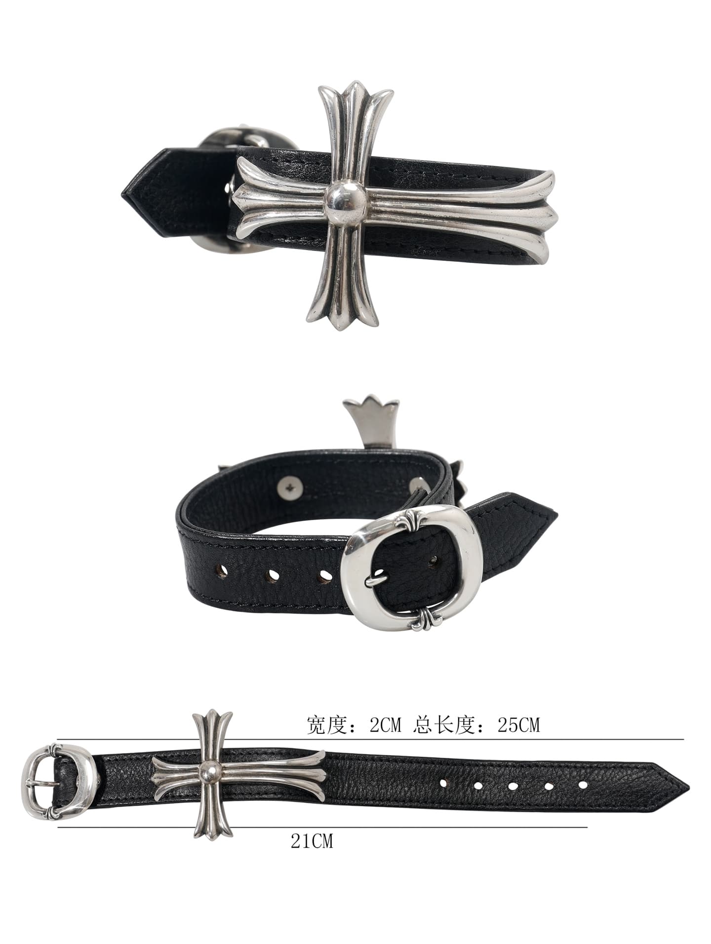 Кожаный браслет Chrome Hearts в разных ракурсах с размерной схемой