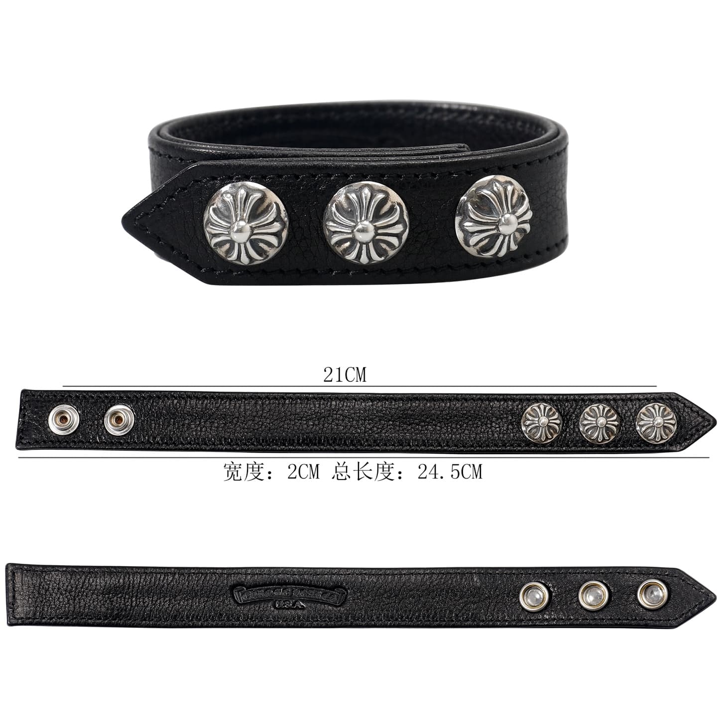 Кожаный браслет Chrome Hearts с заклепками и размерной схемой