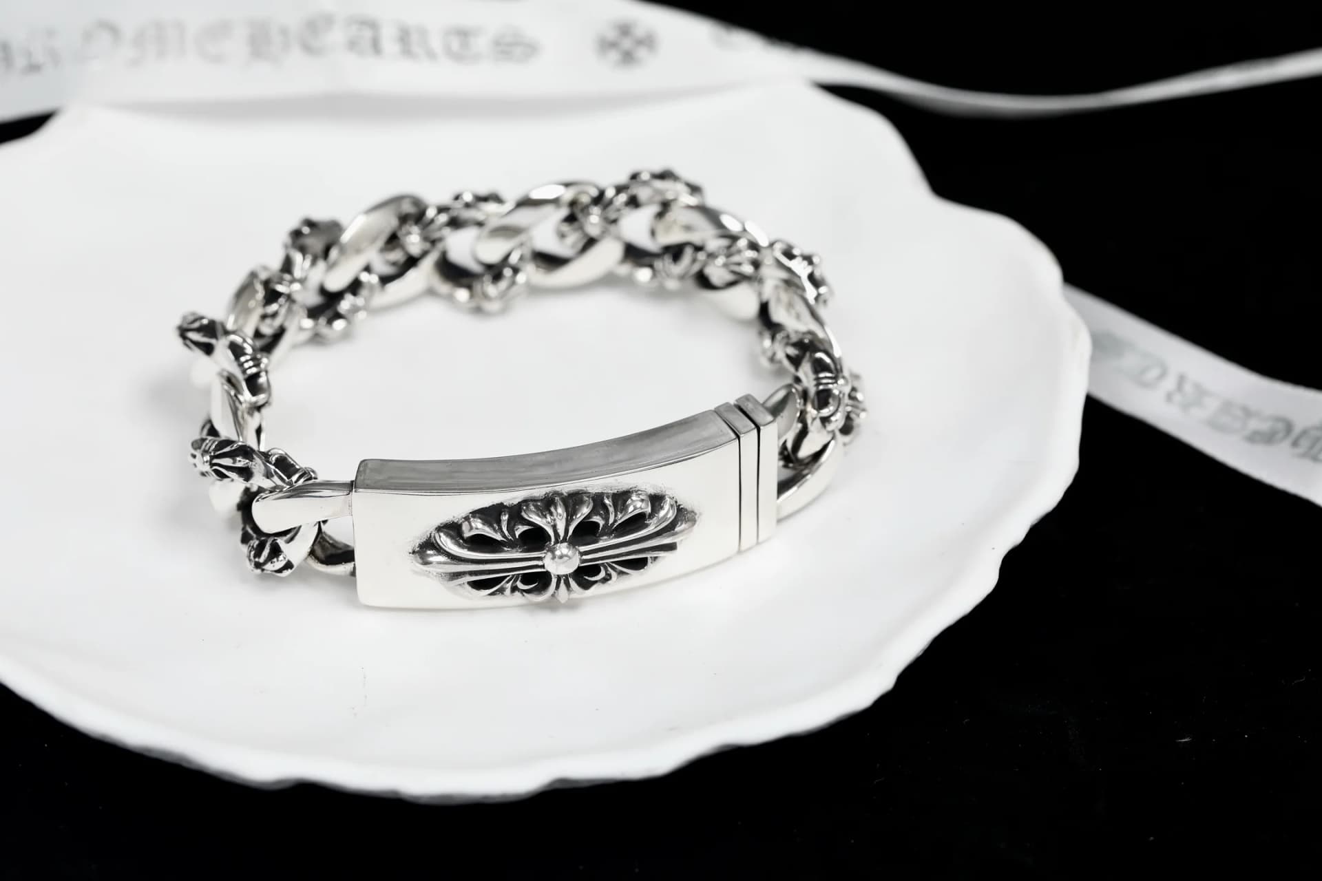 Браслет Chrome Hearts из серебра 925 пробы с ID-пластиной Floral Cross
