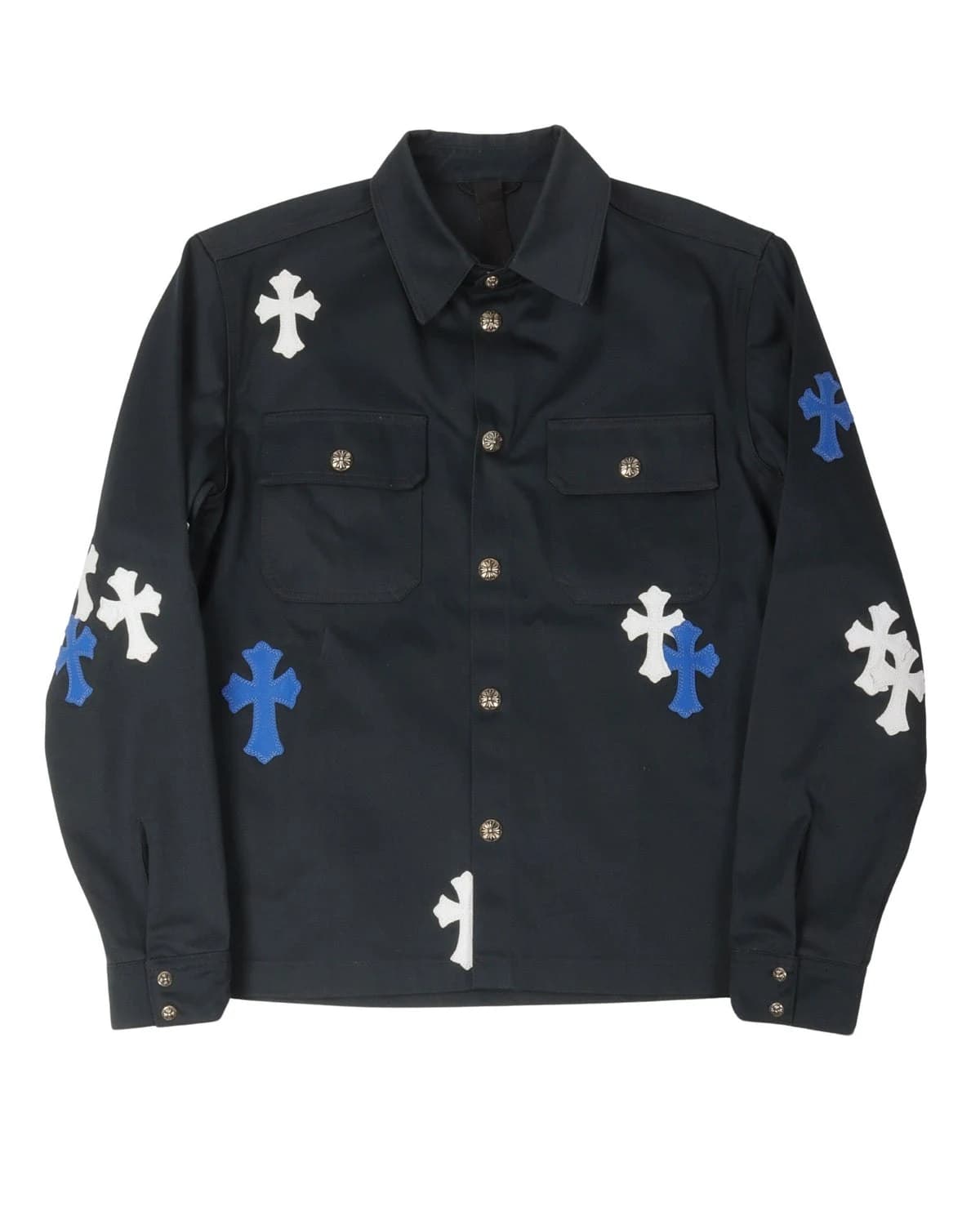Чёрная рубашка-куртка Chrome Hearts с белыми и синими кожаными крестами