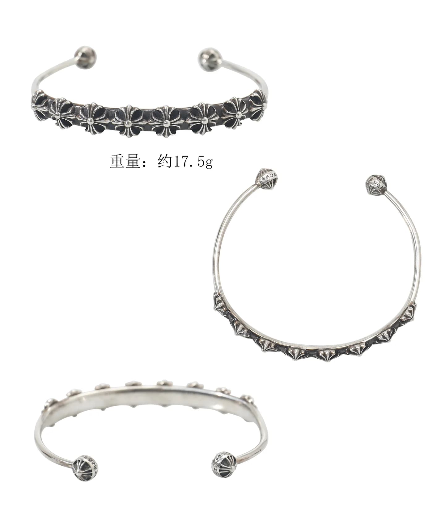 Браслет-кафф Chrome Hearts в разных ракурсах на белом фоне с указанием веса