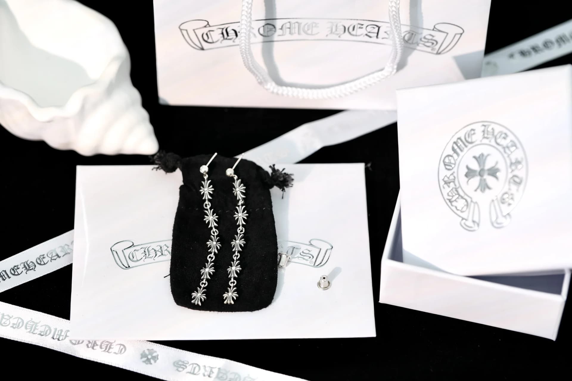 Комплект длинных серег Chrome Hearts с фирменным мешочком, коробкой и пакетом