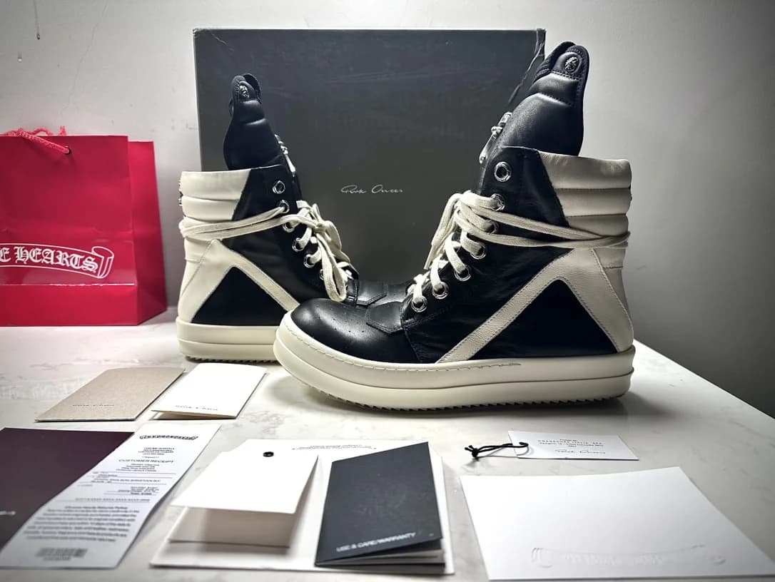 Черно-белые высокие кеды Chrome Hearts x Rick Owens Geobasket, вид сбоку