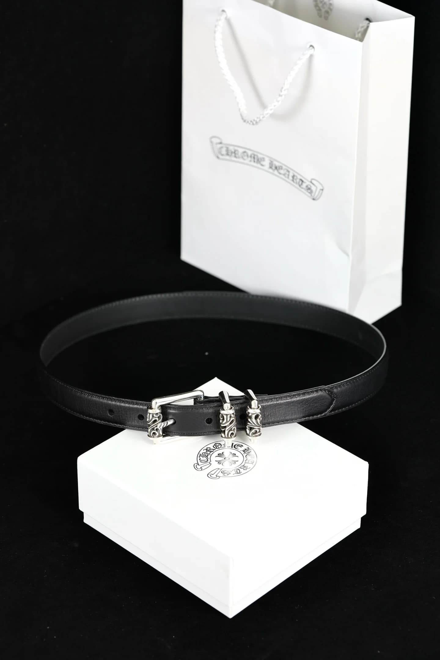 Черный кожаный ремень Chrome Hearts Scroll 3 Piece с фирменной коробкой и пакетом