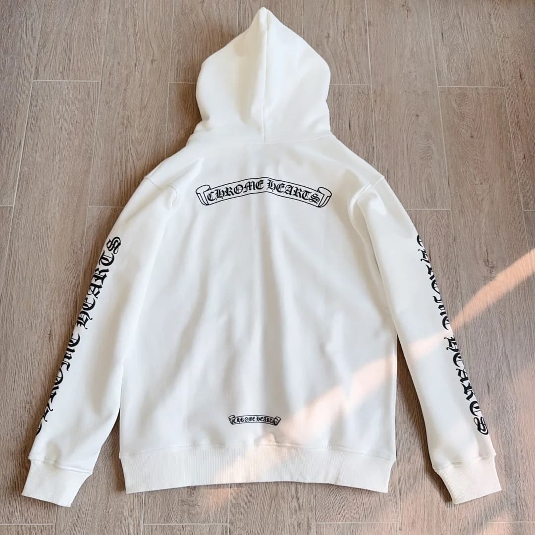 Белое зип-худи Chrome Hearts с принтом Scroll, вид сзади