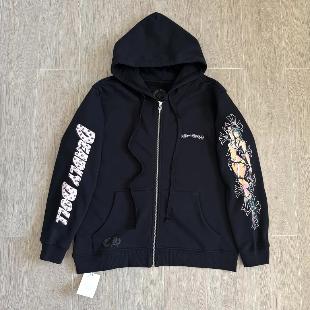 Черное зип-худи Chrome Hearts x Deadly Doll, вид спереди