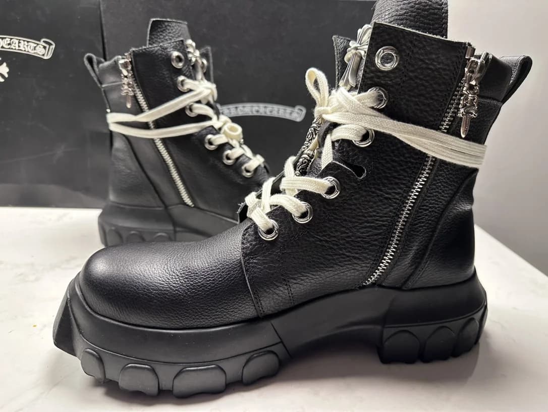 Черные кожаные ботинки Chrome Hearts x Rick Owens Bozo Tractor на тракторной подошве