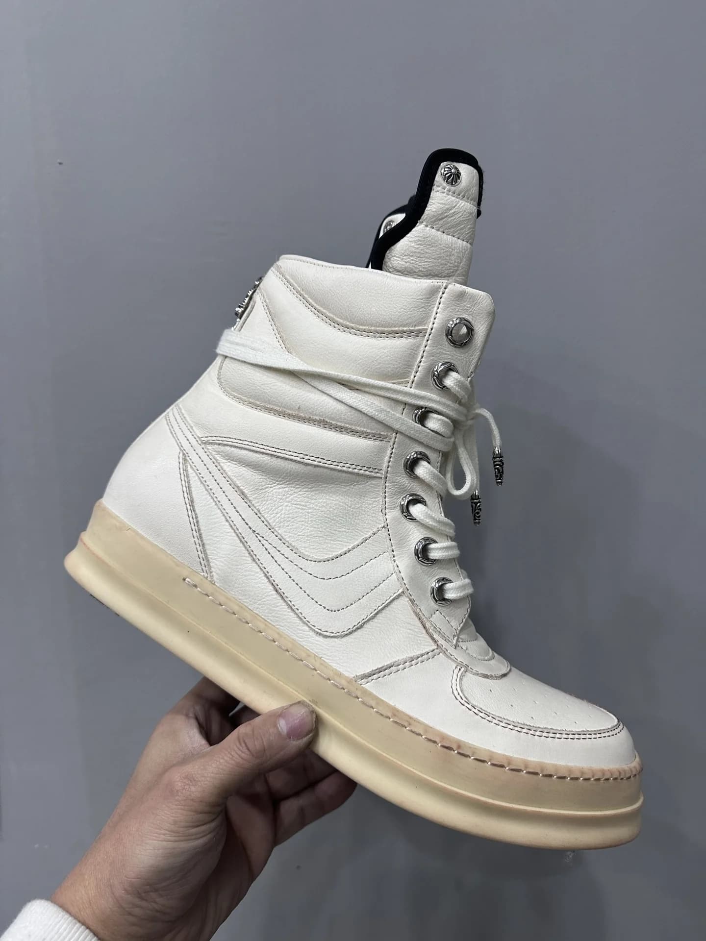 Высокие кеды Chrome Hearts x Rick Owens Geobasket на бежевой подошве
