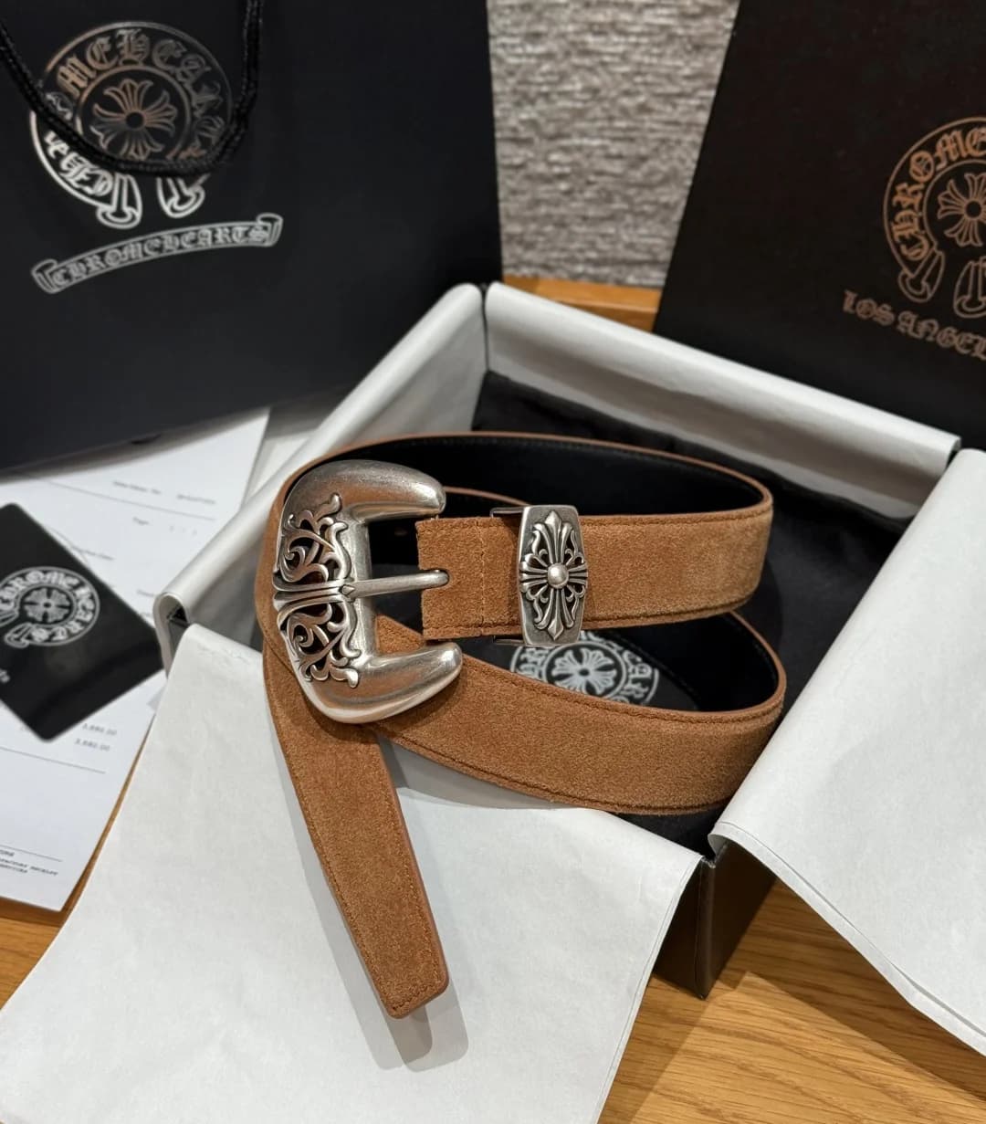 Коричневый замшевый ремень Chrome Hearts с массивной пряжкой в фирменной коробке
