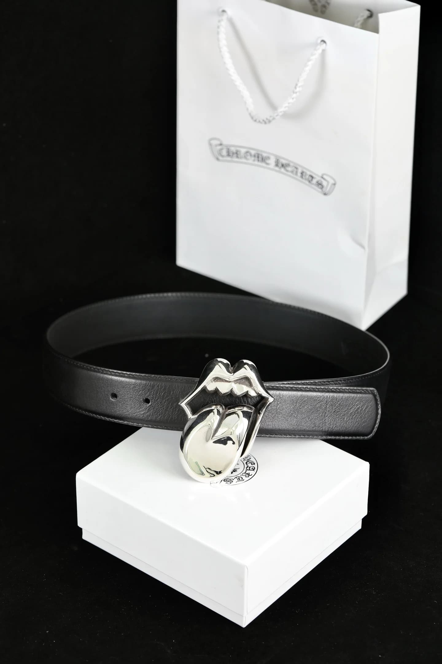 Кожаный ремень Chrome Hearts с пряжкой Lips and Tongue в комплекте с коробкой и пакетом