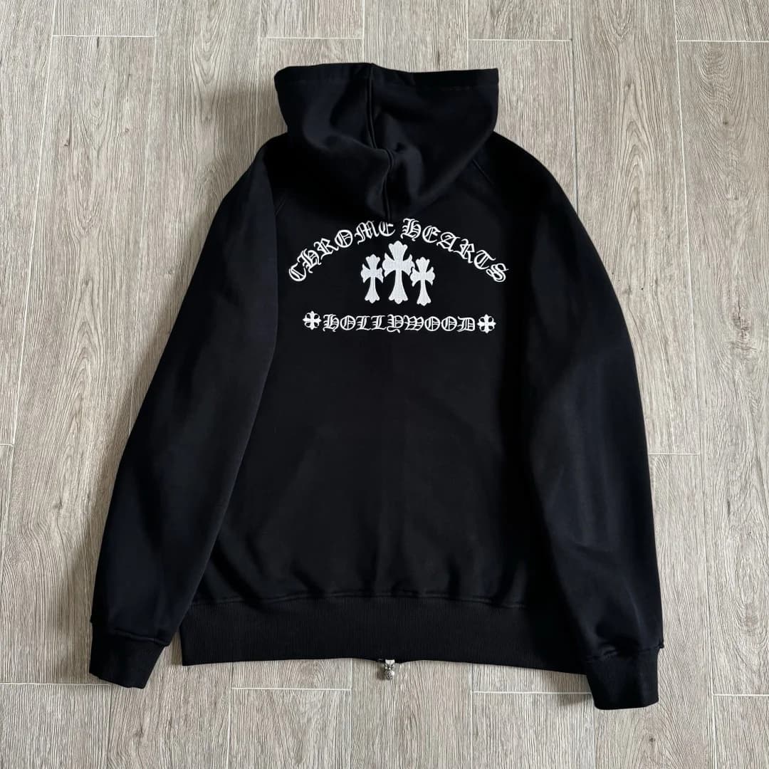 Черное зип-худи Chrome Hearts с белой вышивкой на спине