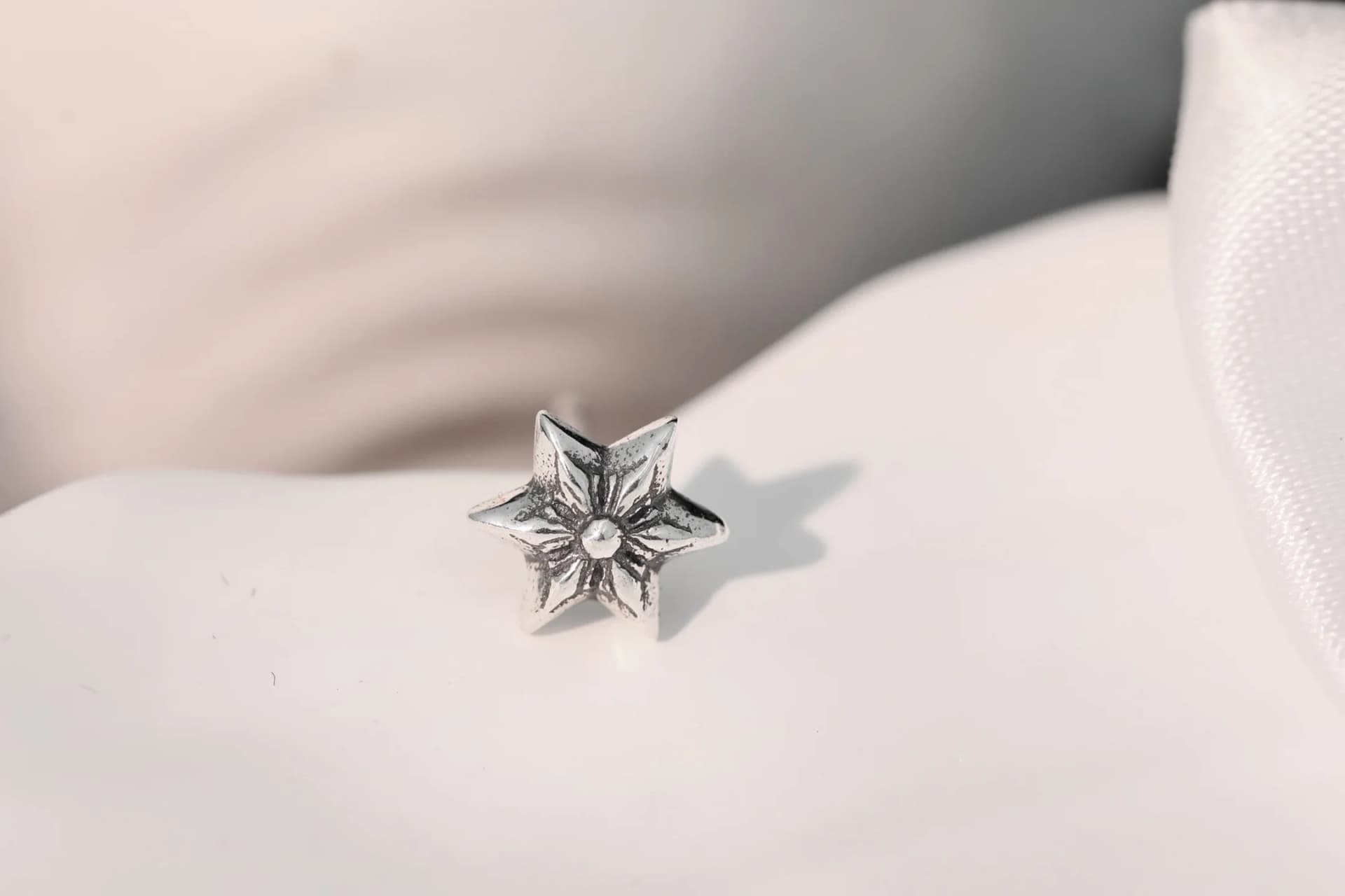 Крупный план лицевой стороны серьги Chrome Hearts Star с чернением