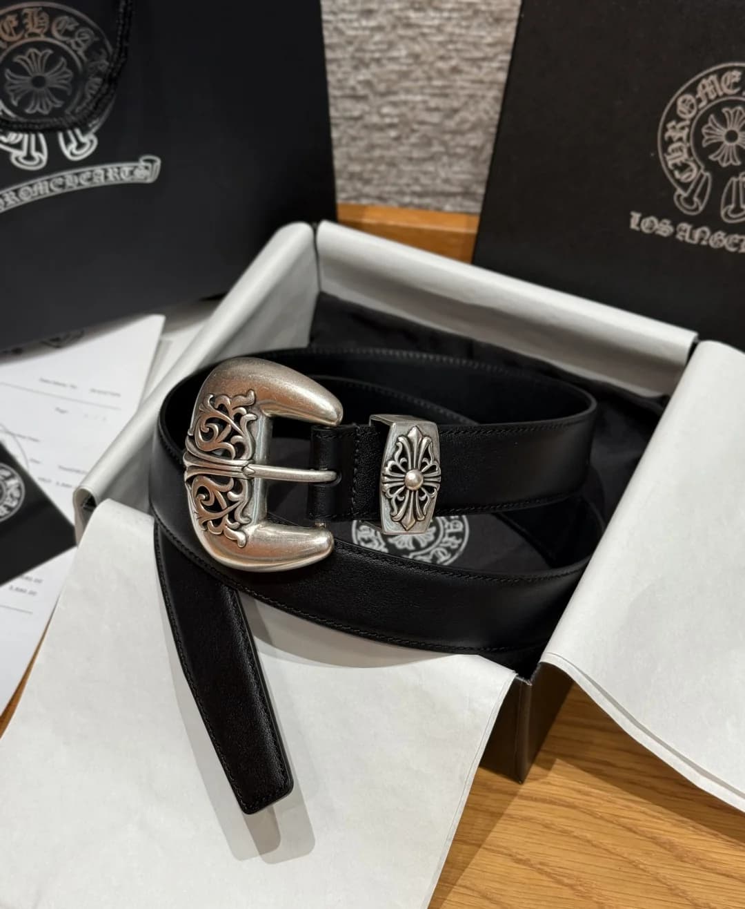 Черный кожаный ремень Chrome Hearts в фирменной коробке