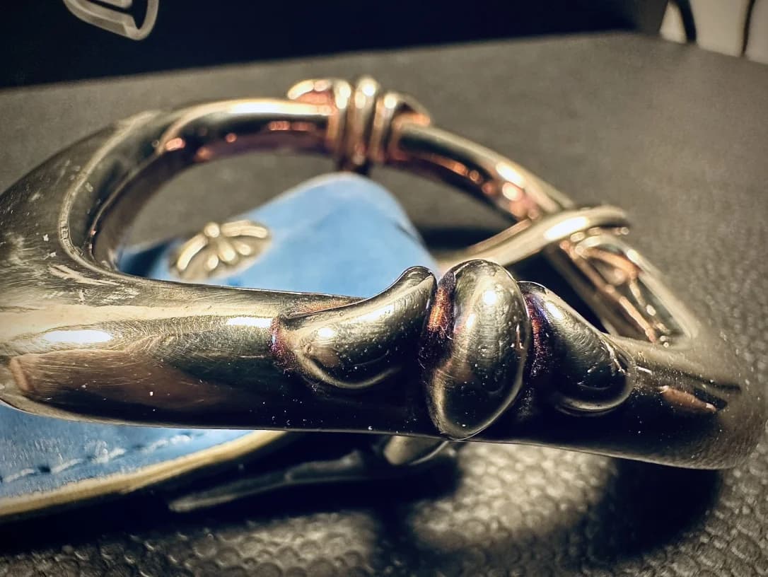 Крупный план рельефных деталей серебряной пряжки Claw