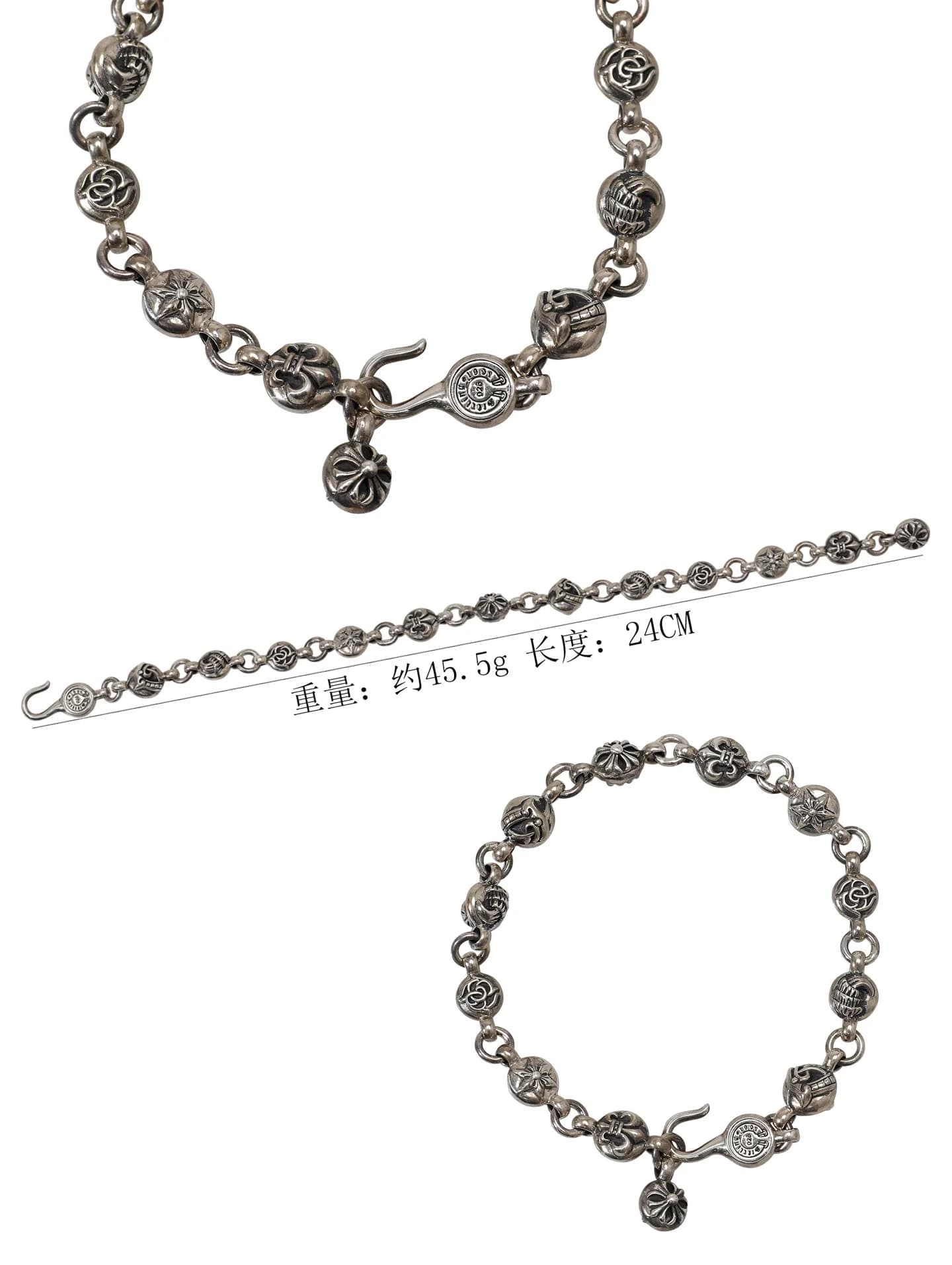 Коллаж с ракурсами и параметрами серебряного браслета Chrome Hearts H055