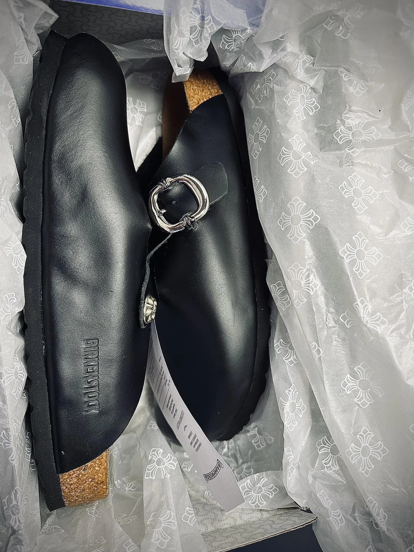 Черные кожаные сабо Chrome Hearts x Birkenstock Boston в коробке
