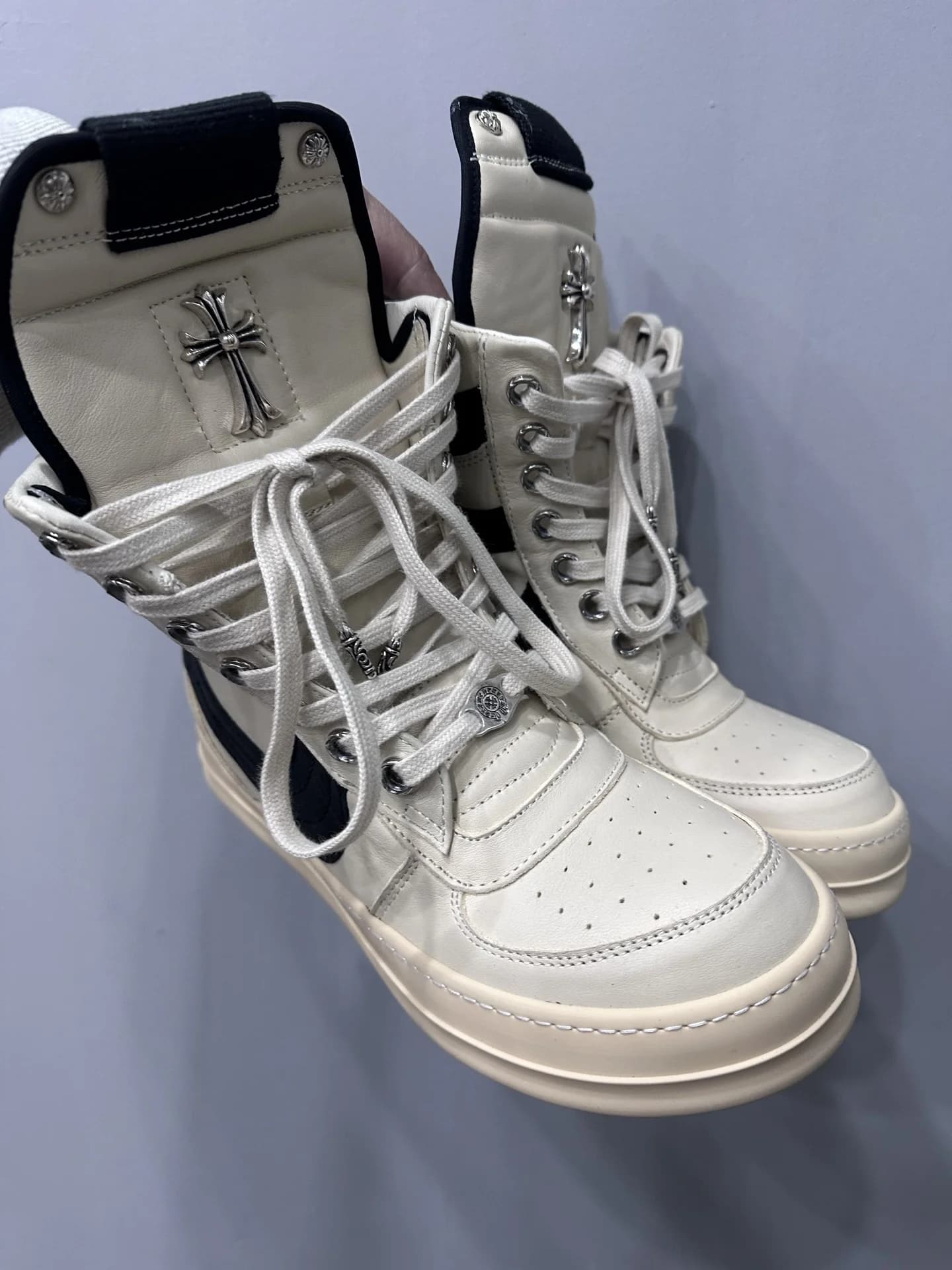 Черно-белые высокие кеды Chrome Hearts x Rick Owens Geobasket
