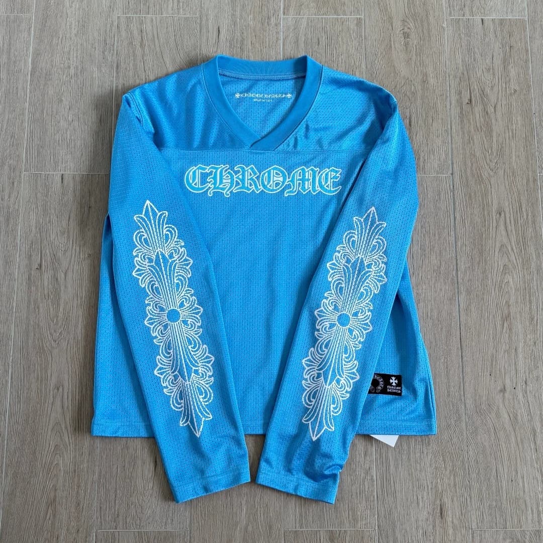 Голубой сетчатый лонгслив Chrome Hearts, вид спереди