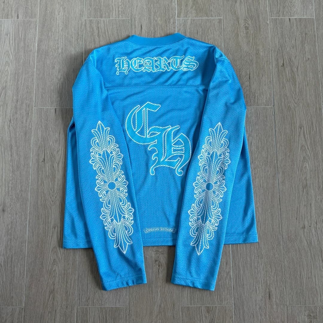 Голубой сетчатый лонгслив Chrome Hearts, вид сзади