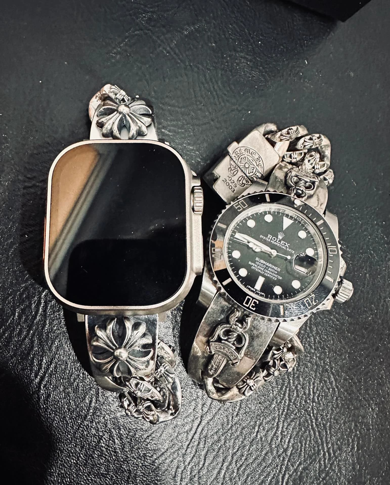 Массивный серебряный браслет Chrome Hearts с адаптером для часов