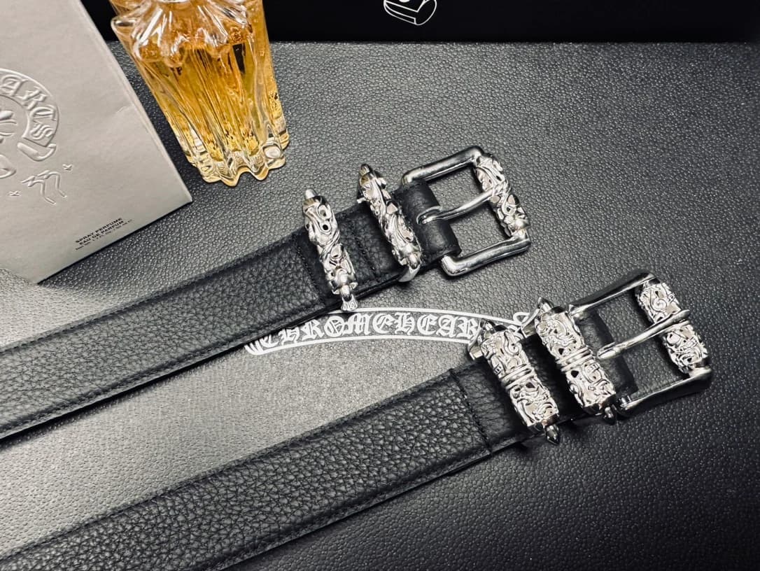 Черные кожаные ремни Chrome Hearts с серебряными пряжками