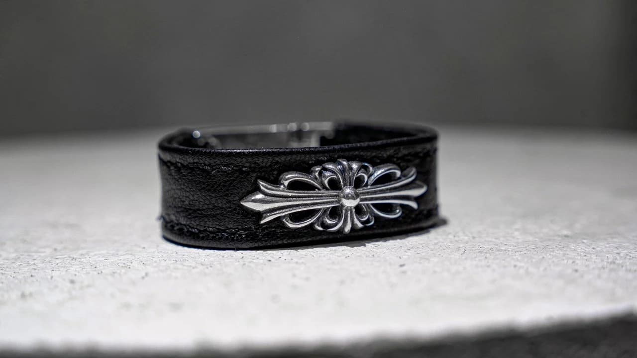 Вид сбоку на серебряный крест CH Cross на черном кожаном ремешке Chrome Hearts