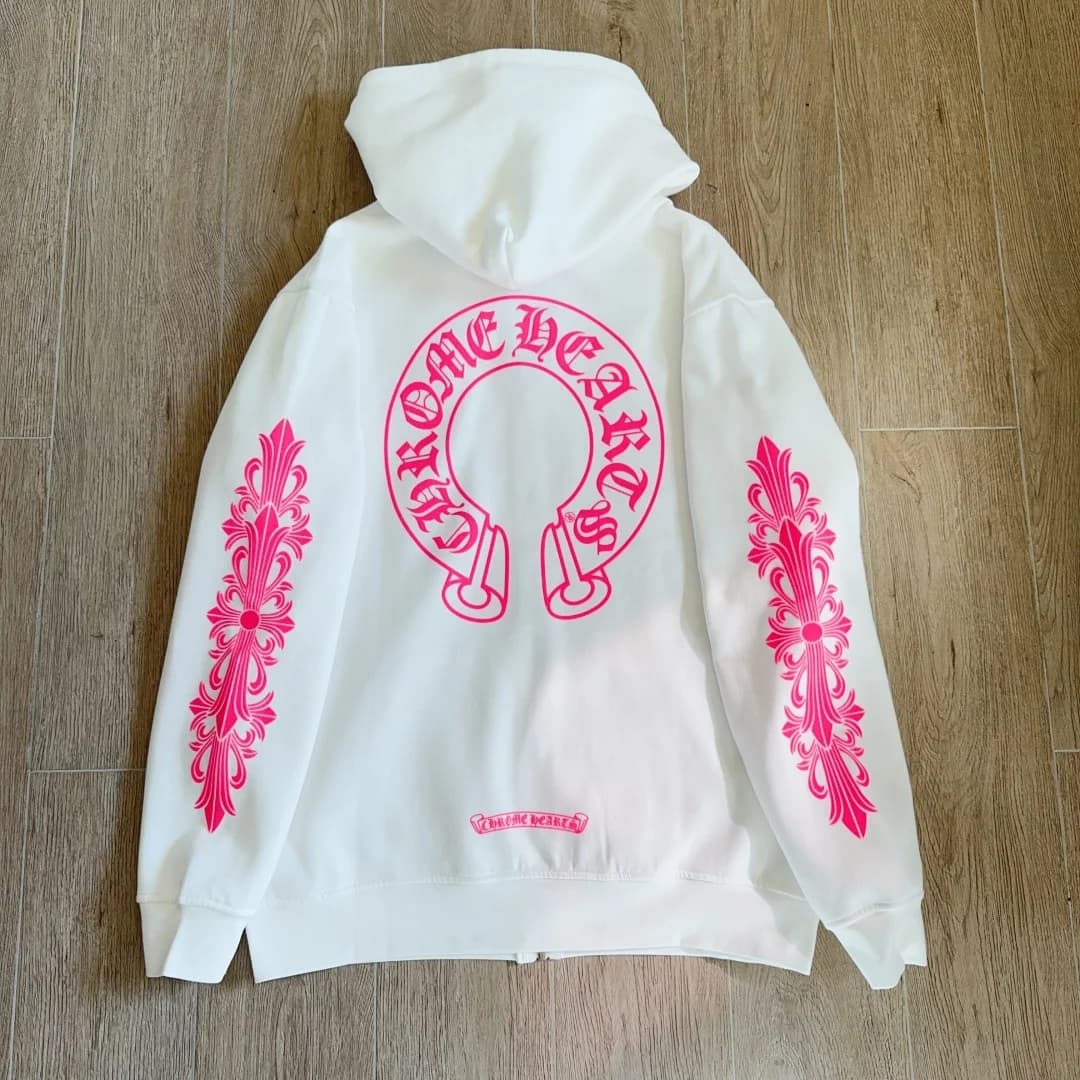 Белое зип-худи Chrome Hearts с розовым принтом, вид сзади