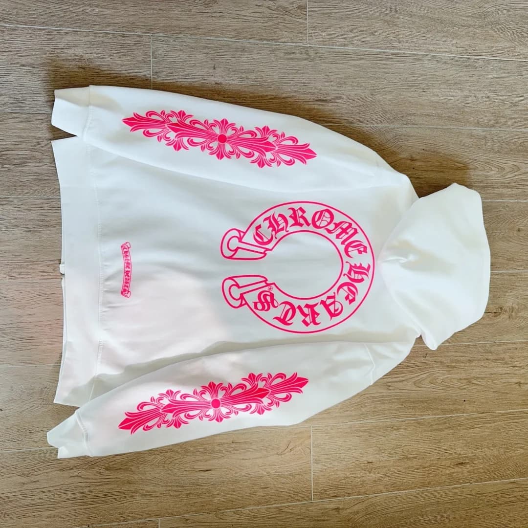 Белое зип-худи Chrome Hearts с розовым принтом, сложенное изделие