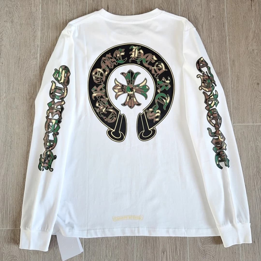 Белый лонгслив Chrome Hearts с принтом на спине и рукавах
