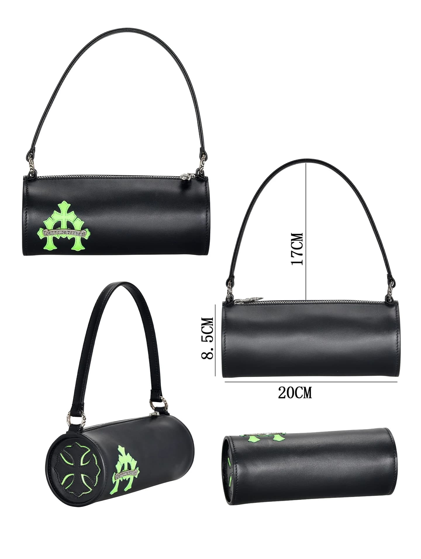 Черная кожаная сумка-цилиндр Chrome Hearts с неоновым крестом и ручкой, вид спереди