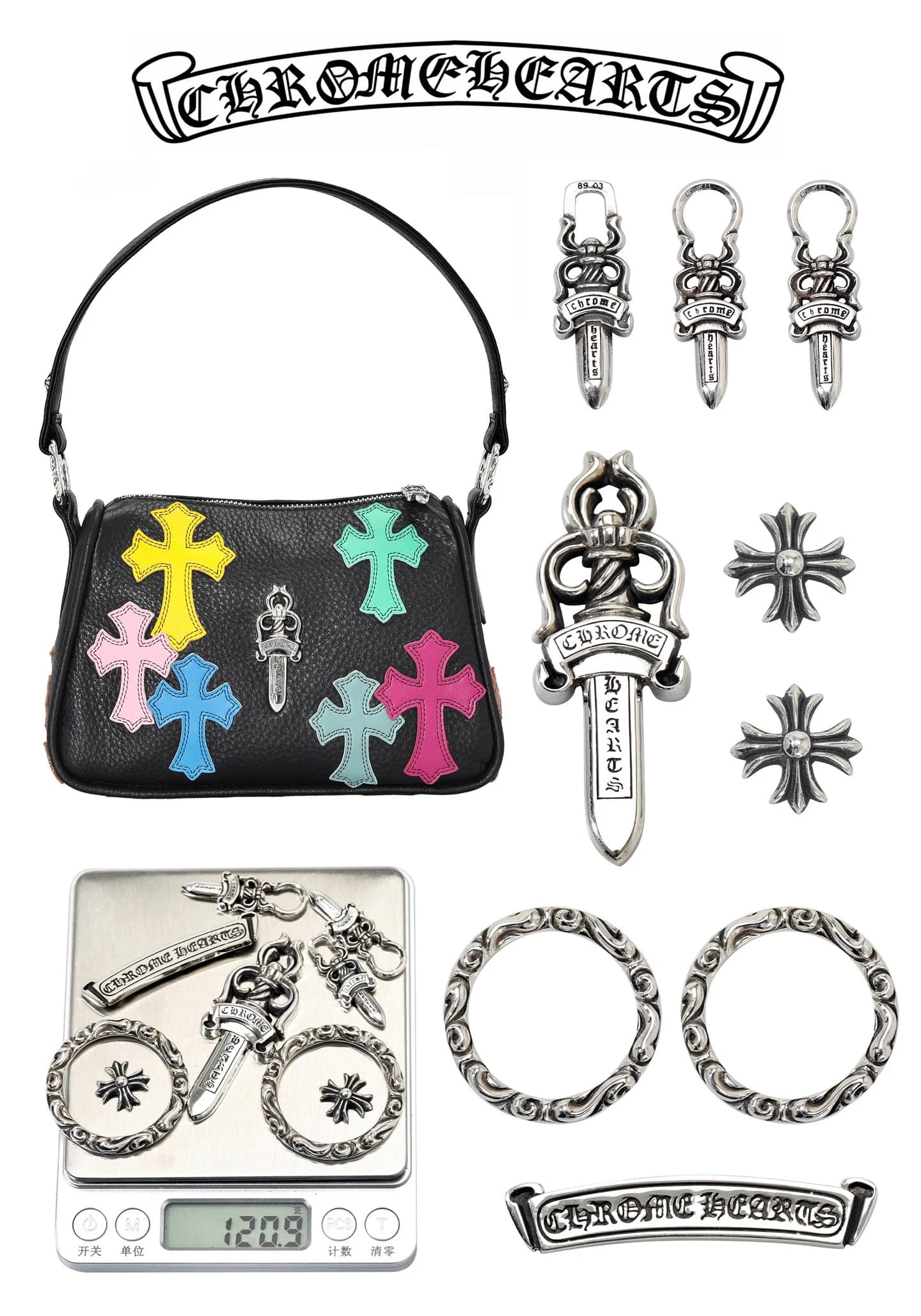 Вид спереди на сумку Chrome Hearts с яркими крестами