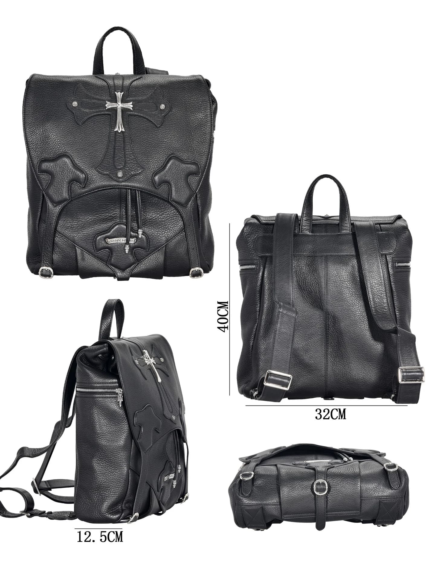 Черный кожаный рюкзак Chrome Hearts серебряная фурнитура