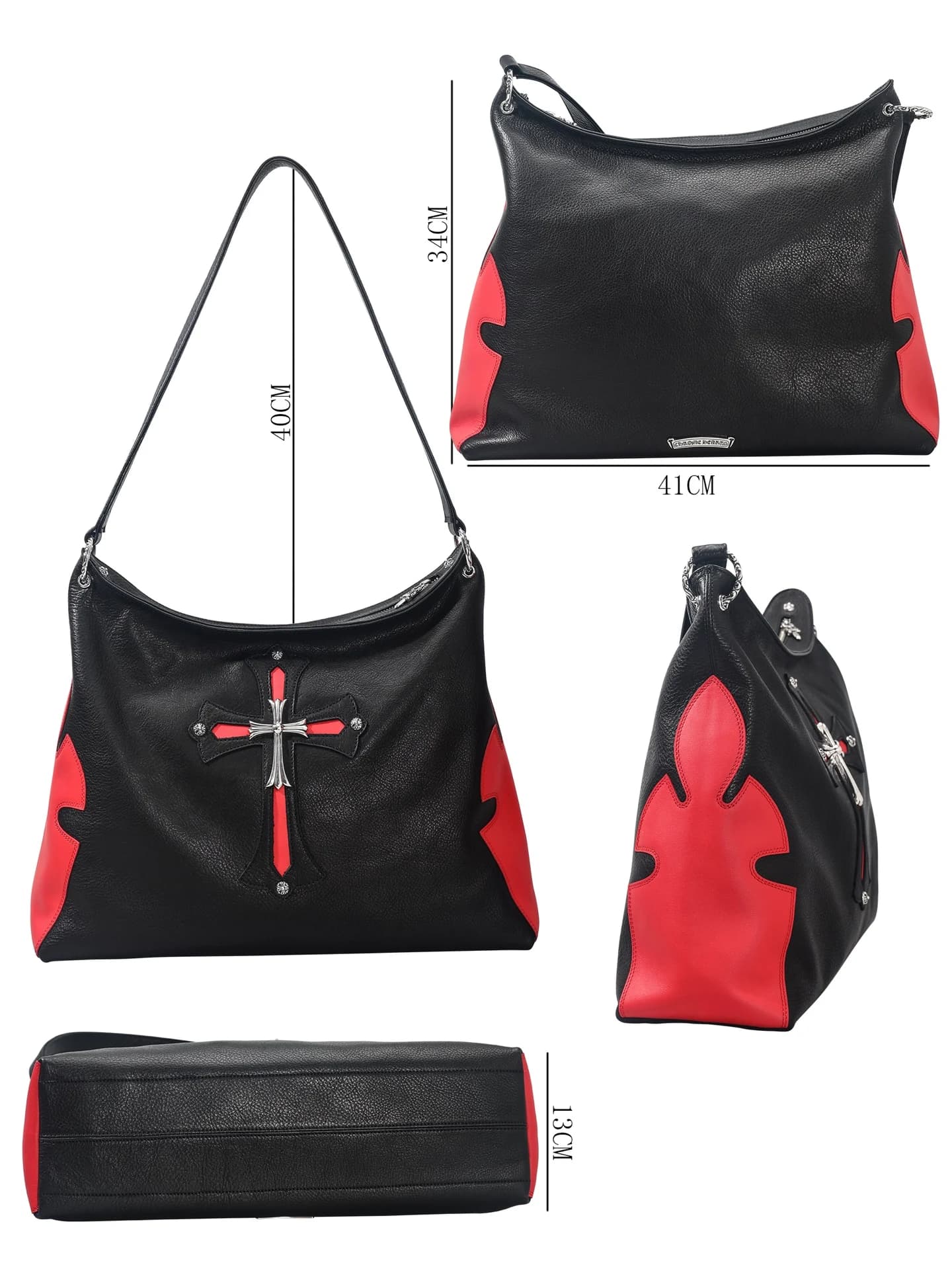 Черная кожаная сумка Chrome Hearts с красным крестом