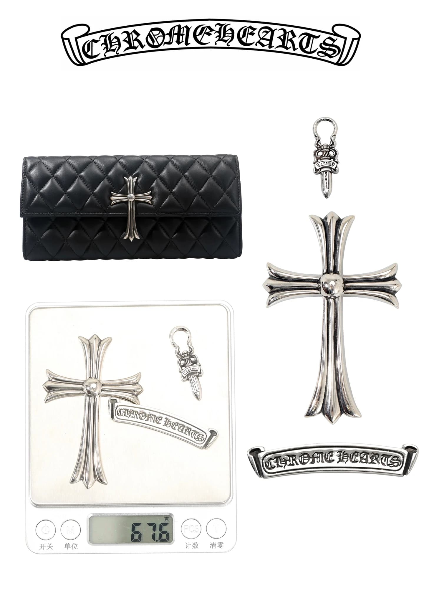 Крупный план серебряного креста Chrome Hearts на клатче
