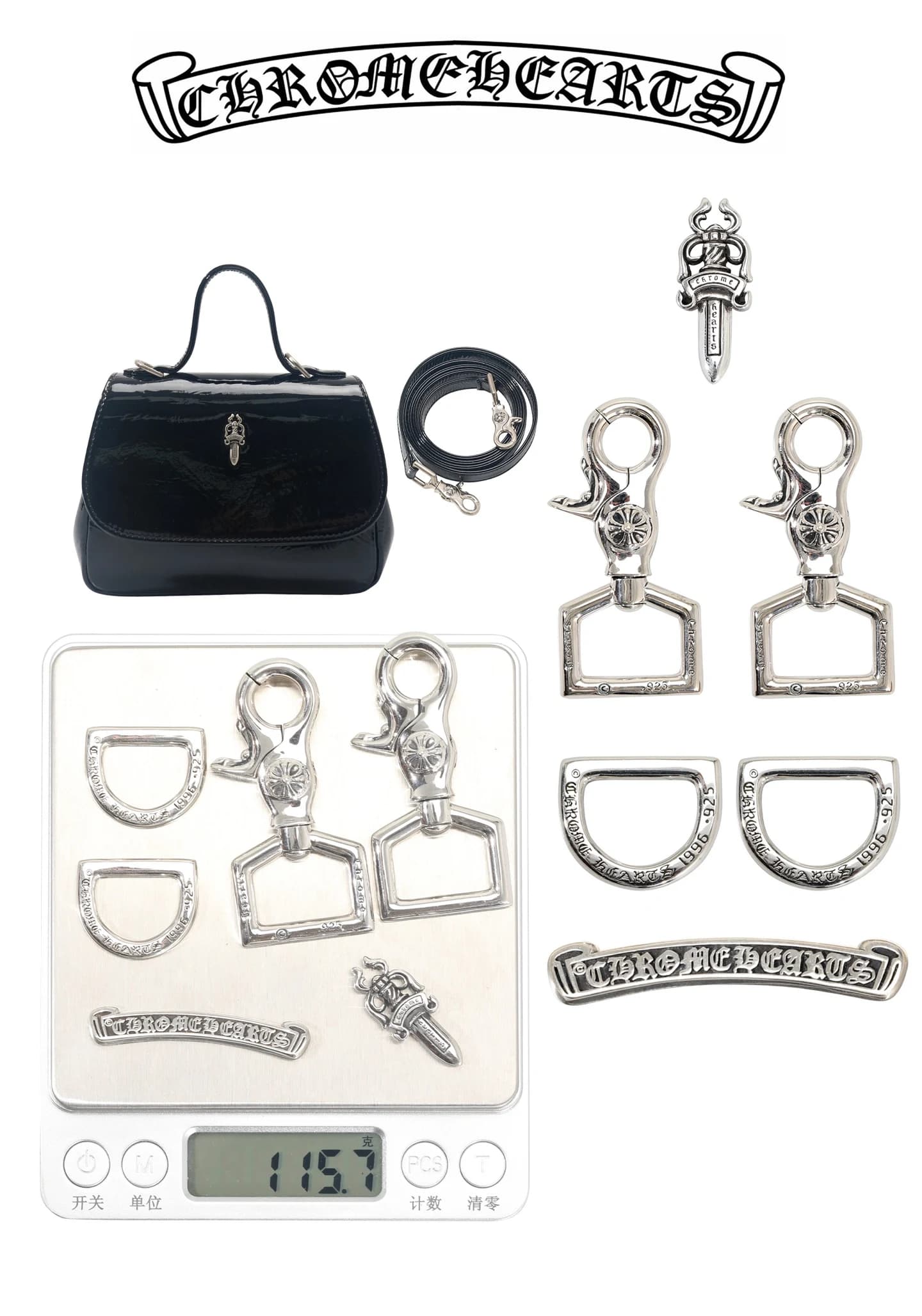 Вид спереди на лакированную сумку Chrome Hearts