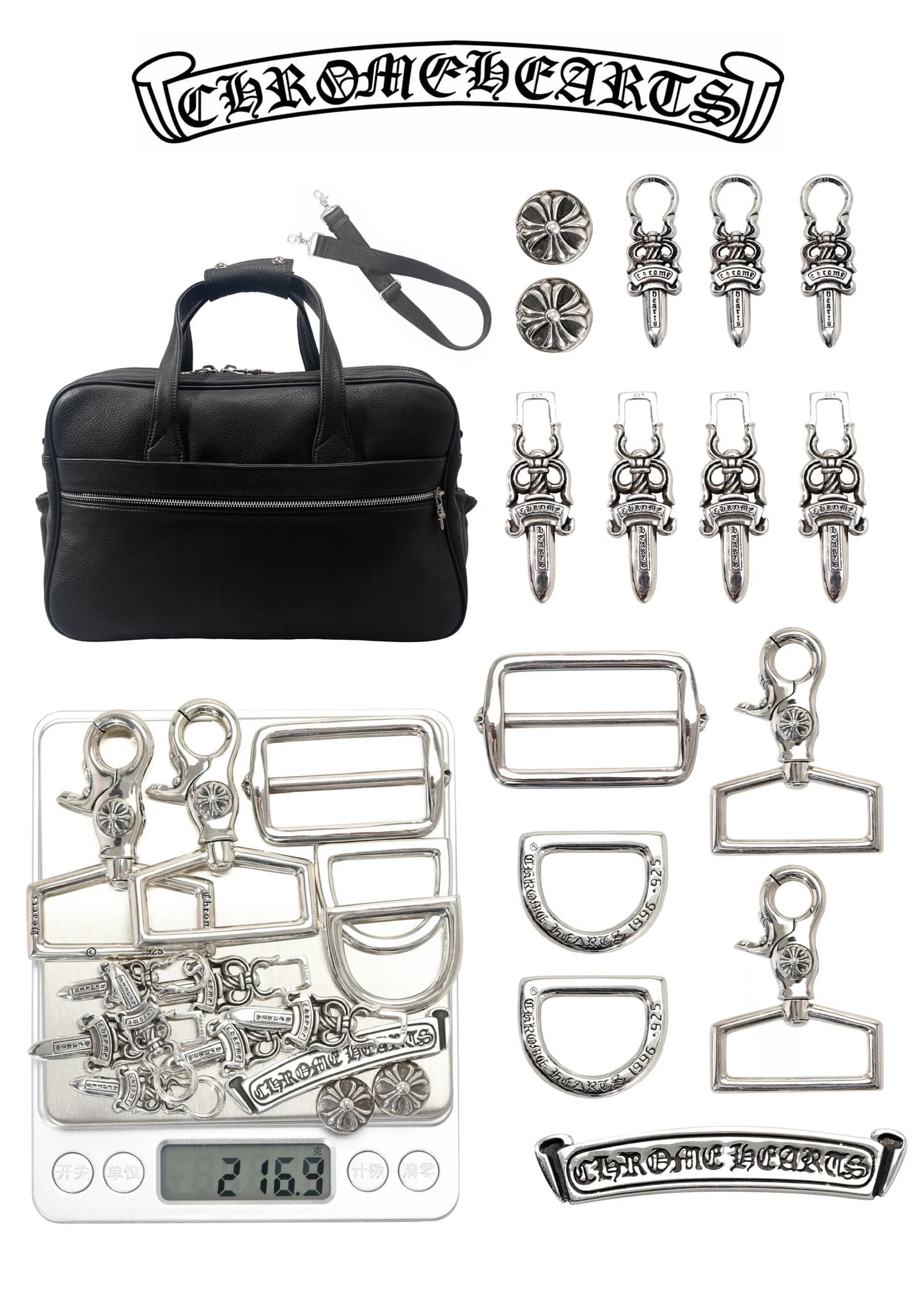 Вид сбоку черной кожаной сумки Chrome Hearts