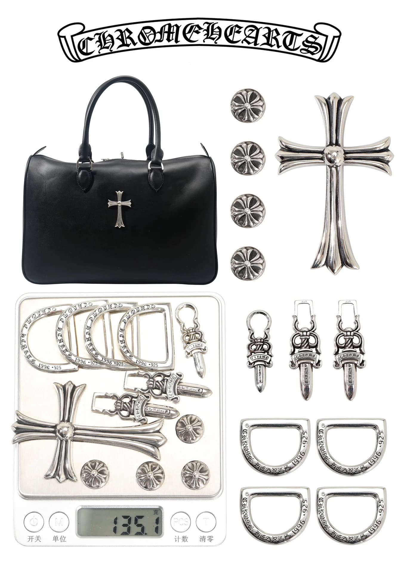 Вид сбоку черной кожаной сумки Chrome Hearts