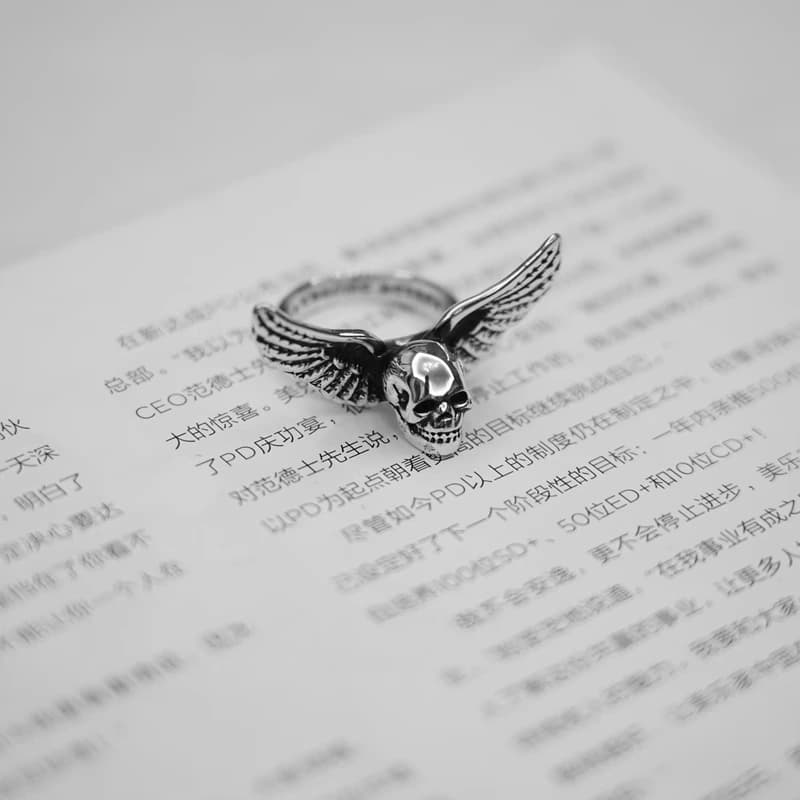 Серебряное кольцо с крылатым черепом на раскрытой книге