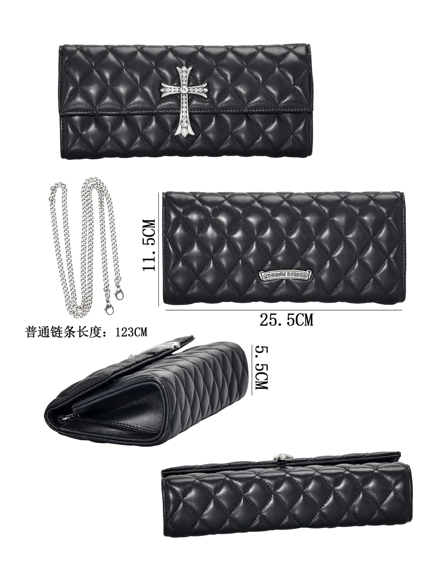 Чёрный стёганый клатч Chrome Hearts с кристаллами